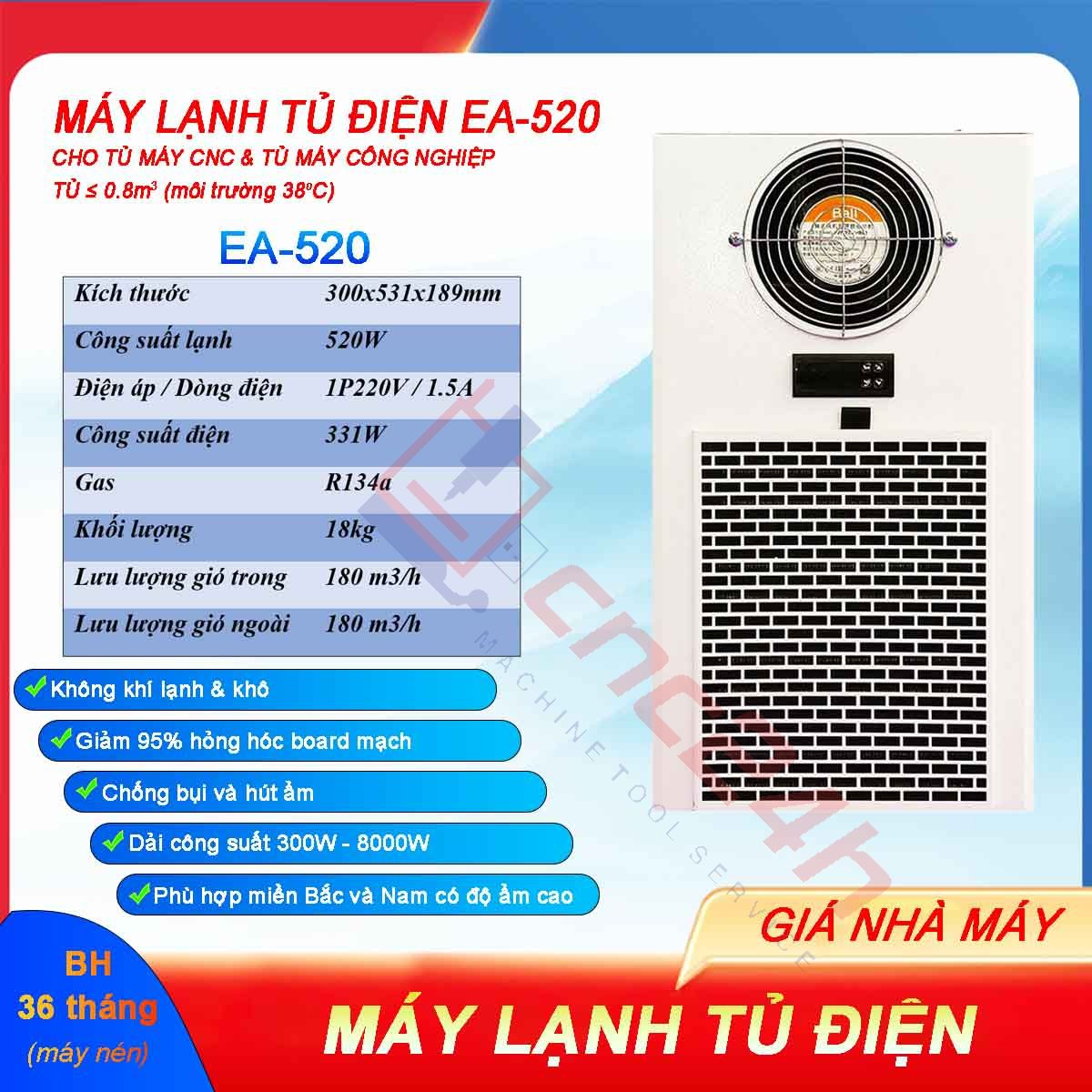 Máy lạnh tủ điện khô EA-500 EA-520 (điều hòa tủ điện) lắp cho tủ điện máy CNC. Loại bỏ lỗi máy móc chập chờn nhất là vào mùa nóng.