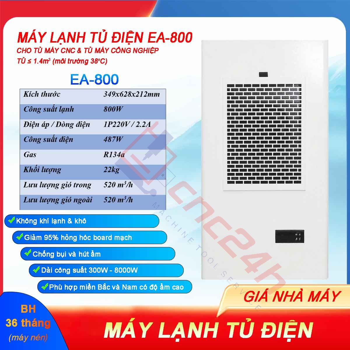 Máy lạnh tủ điện khô EA-800 (điều hòa tủ điện) lắp cho tủ điện máy CNC. Loại bỏ lỗi máy móc chập chờn nhất là vào mùa nóng.
