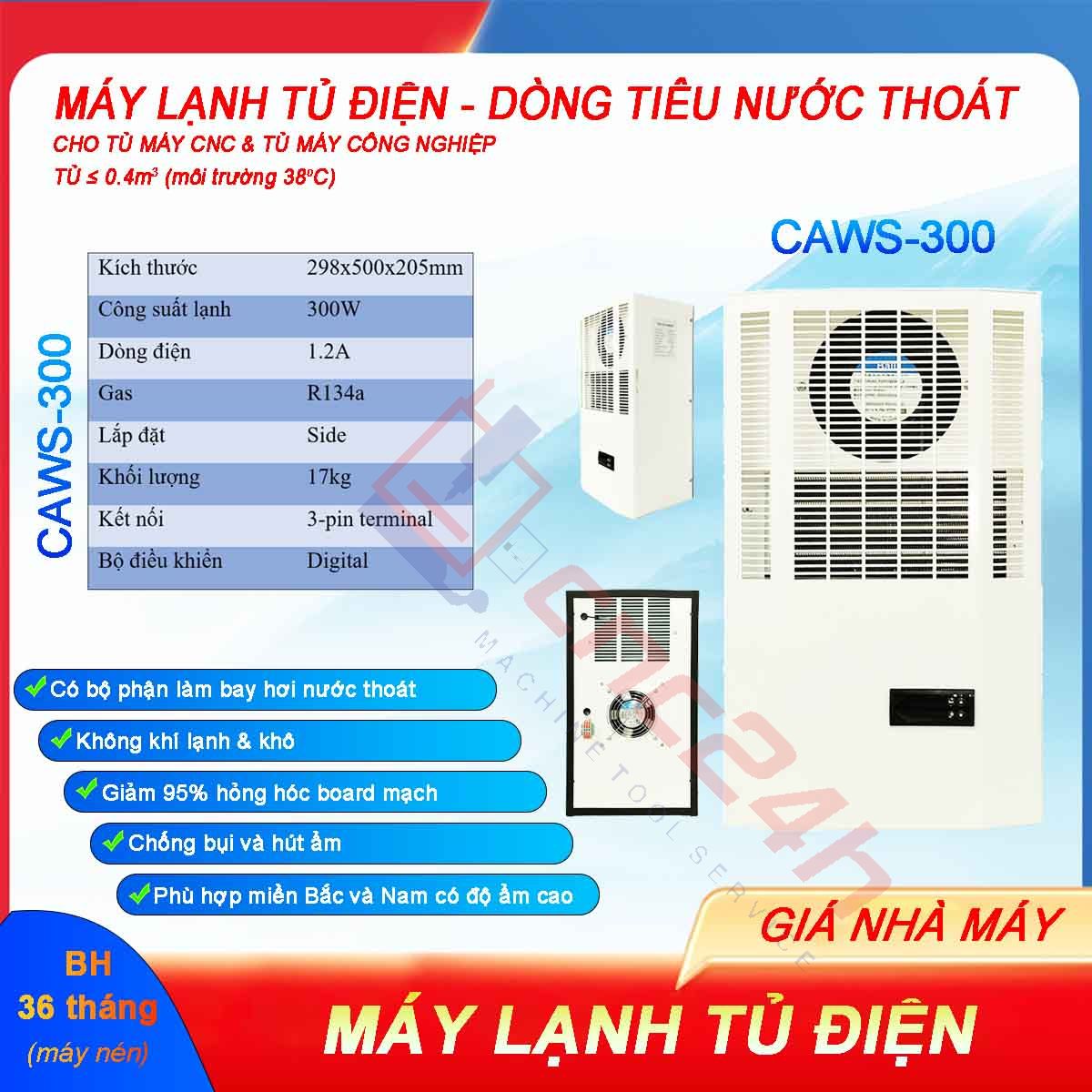 Máy lạnh tủ điện khô CAWS-300 300W (điều hòa tủ điện) bản tiêu nước, lắp cho tủ điện máy CNC. Dải công suất lạnh: 300W, 500W, 800W... 2000W.