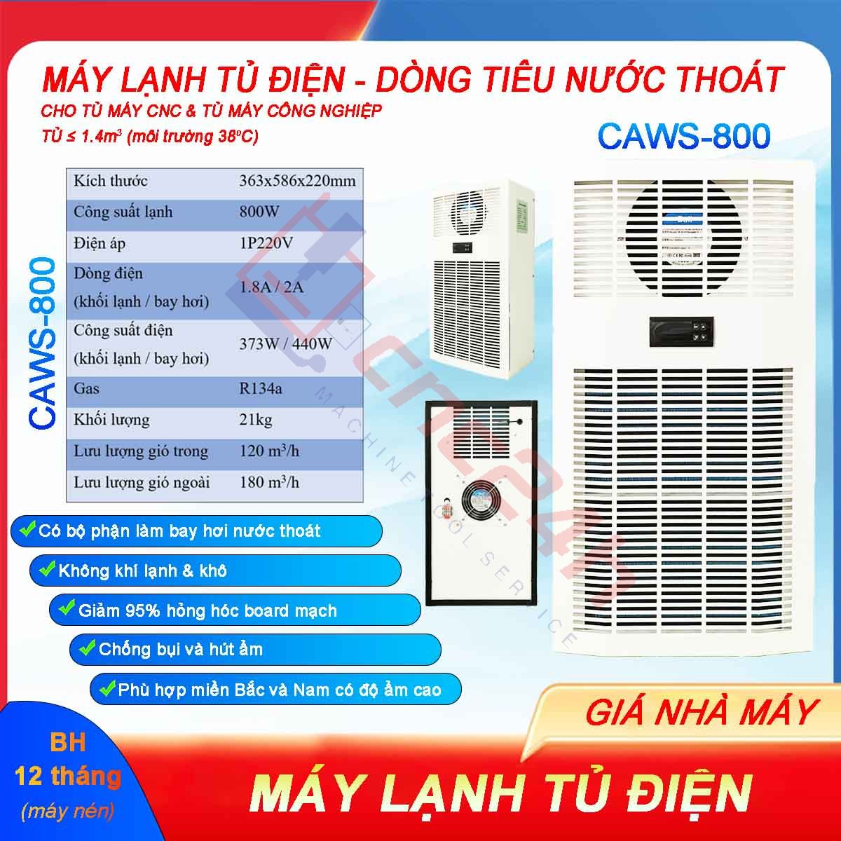 Máy lạnh tủ điện khô CAWS-800 800W (điều hòa tủ điện) bản tiêu nước, lắp cho tủ điện máy CNC. Dải công suất lạnh: 300W, 500W, 800W... 2000W.