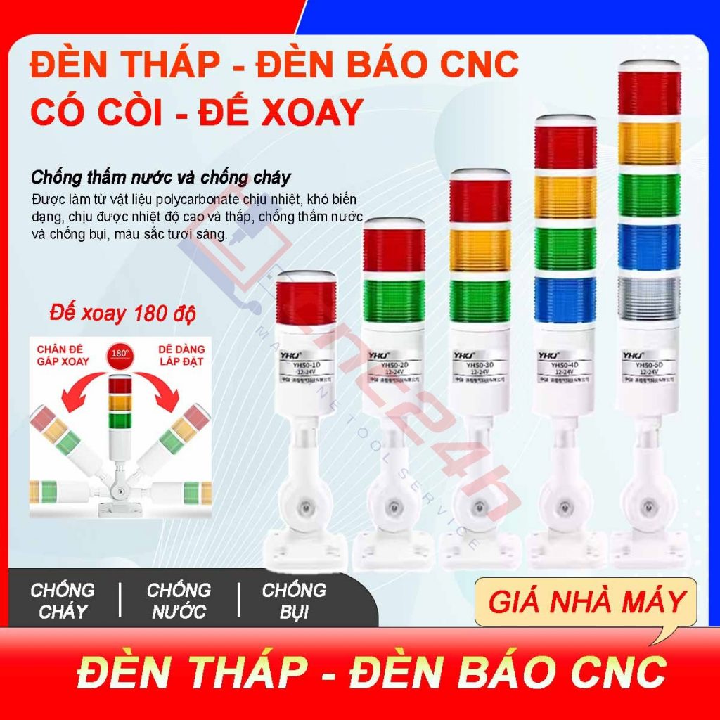 Đèn tháp - Đèn báo CNC - 1/2/3 tầng - Thương hiệu YHKJ - Mới 100%. Chân đế gấp xoay 180 độ. Có còi. Bóng LED. Có công tắc chọn chế độ sáng (ON / BLINK).