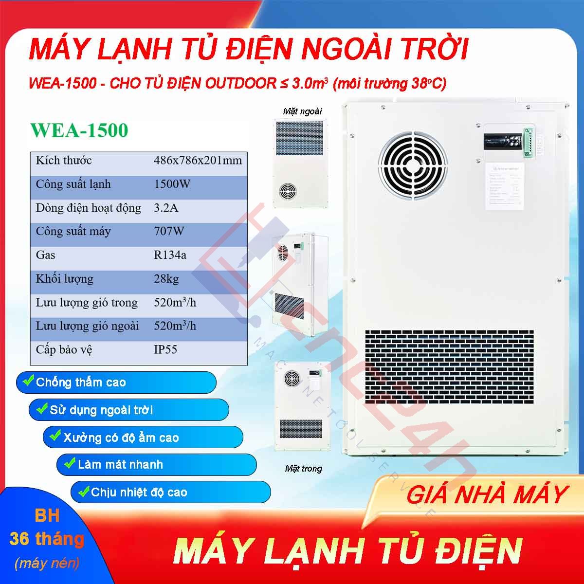 Máy lạnh tủ điện ngoài trời WEA-1500 1500W có độ chống thấm cao, sử dụng ngoài trời hoặc xưởng có độ ẩm cao, làm mát nhanh và chịu nhiệt độ cao.