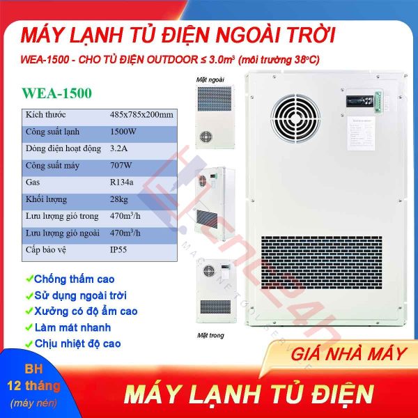Máy lạnh tủ điện ngoài trời WEA-1500 1500W có độ chống thấm cao, sử dụng ngoài trời hoặc xưởng có độ ẩm cao, làm mát nhanh và chịu nhiệt độ cao.