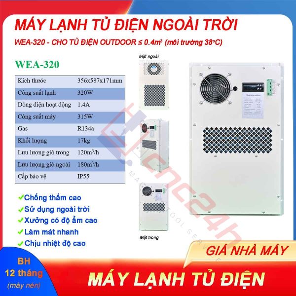 Máy lạnh tủ điện ngoài trời WEA-320 320W có độ chống thấm cao, sử dụng ngoài trời hoặc xưởng có độ ẩm cao, làm mát nhanh và chịu nhiệt độ cao.