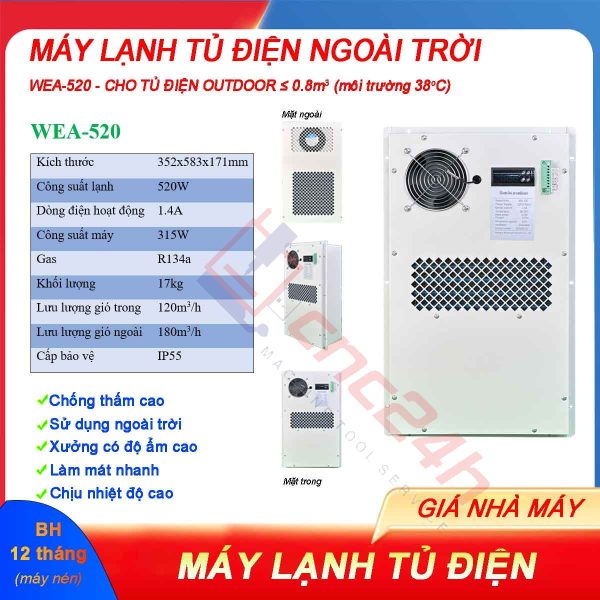 Máy lạnh tủ điện ngoài trời WEA-520 520W có độ chống thấm cao, sử dụng ngoài trời hoặc xưởng có độ ẩm cao, làm mát nhanh và chịu nhiệt độ cao.