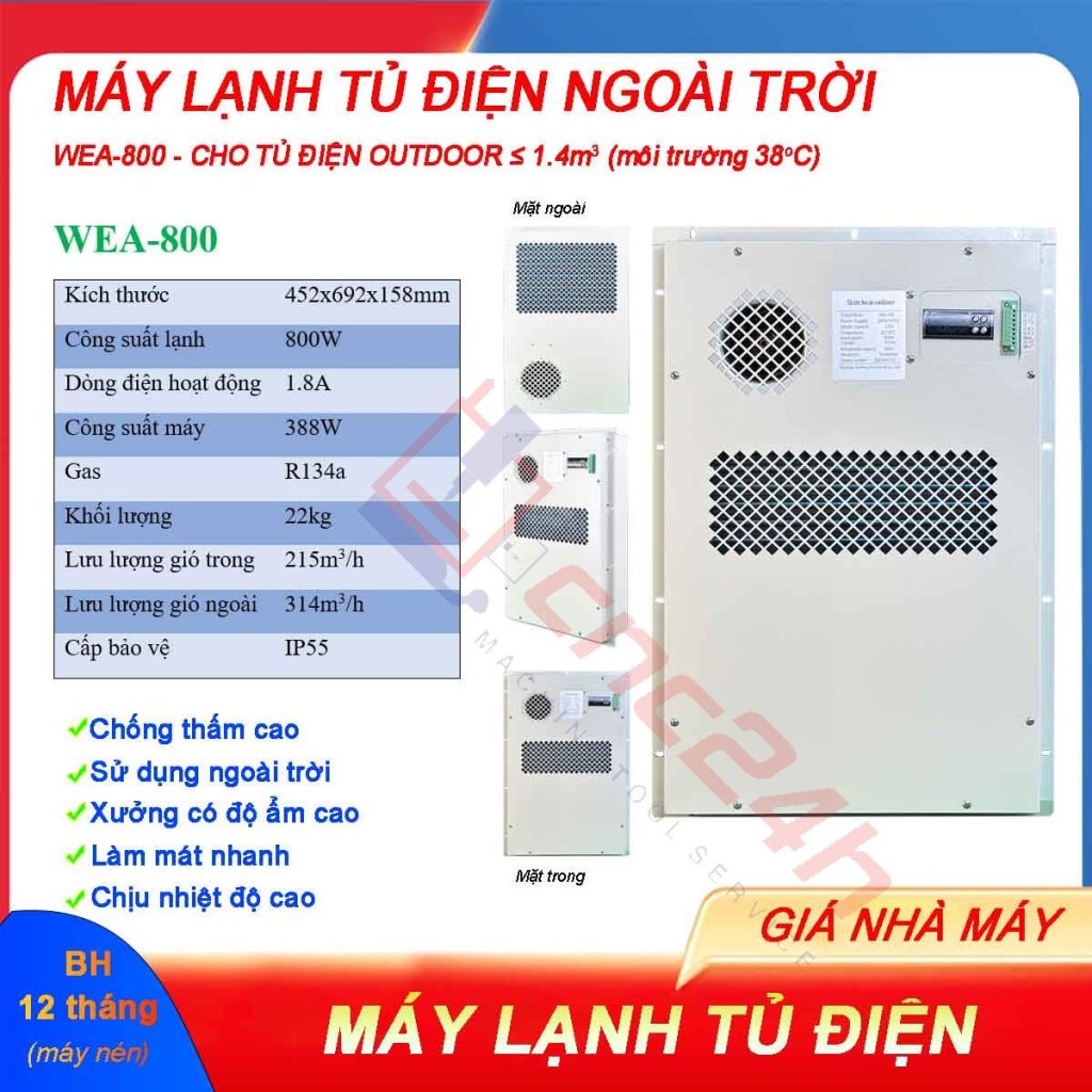máy lạnh tủ điện ngoài trời Máy lạnh tủ điện ngoài trời WEA-800 800W có độ chống thấm cao, sử dụng ngoài trời hoặc xưởng có độ ẩm cao, làm mát nhanh và chịu nhiệt độ cao.