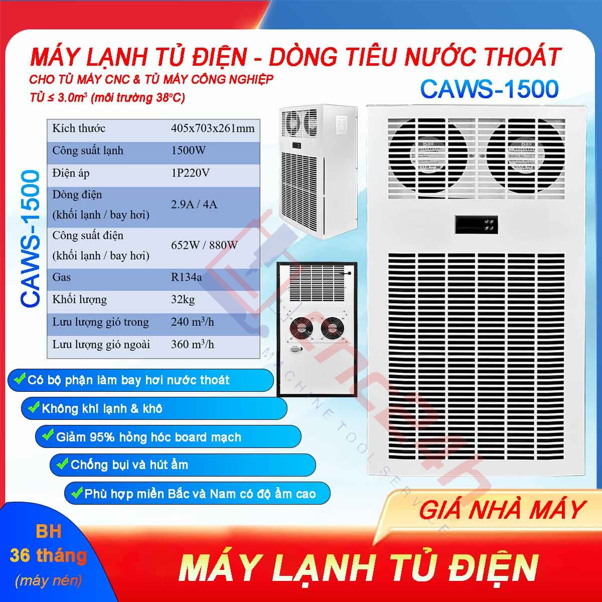 Máy lạnh tủ điện khô CAWS-1500 1500W (điều hòa tủ điện) bản tiêu nước, lắp cho tủ điện máy CNC. Dải công suất lạnh: 300W, 500W, 800W... 2000W.