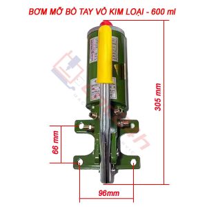 Bơm mỡ bò tay vỏ kim loại có dung tích 600ml hoặc 1200ml, đều có đế và thân bình bằng kim loại. Đường kính ống ngõ ra 10 mm, tặng kèm đầu chuyển ống 6mm. Phù hợp mỡ bò 000 - 0.