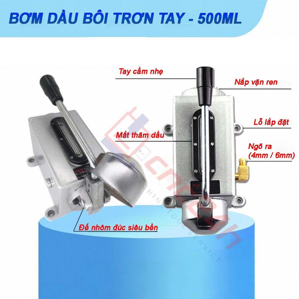 Bơm dầu tay đế nhôm đúc siêu bền, không lo nứt vỡ. Dung tích 350ml-500ml, mắt hiển thị rõ ràng. Phù hợp dầu N32-N68. Giải pháp bôi trơn thông minh cho máy CNC.