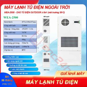 Máy lạnh tủ điện ngoài trời WEA-2500 2500W có độ chống thấm cao, sử dụng ngoài trời hoặc xưởng có độ ẩm cao, làm mát nhanh và chịu nhiệt độ cao.
